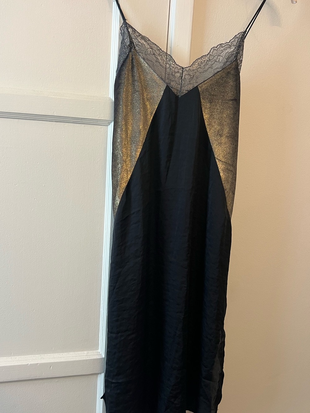 Zara Black and Gold Metallic Lace-Trim Midi Slip Dress
